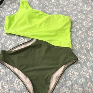 Neon Green and Olive One-Shoulder Swimsuit